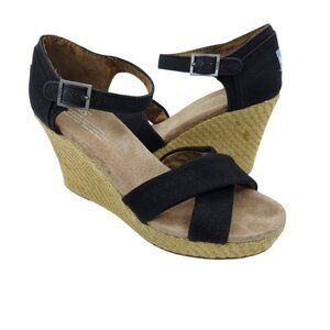 Toms Sienna Black Ankle Strap Espadrille Wedge Sandals Women's Size 9